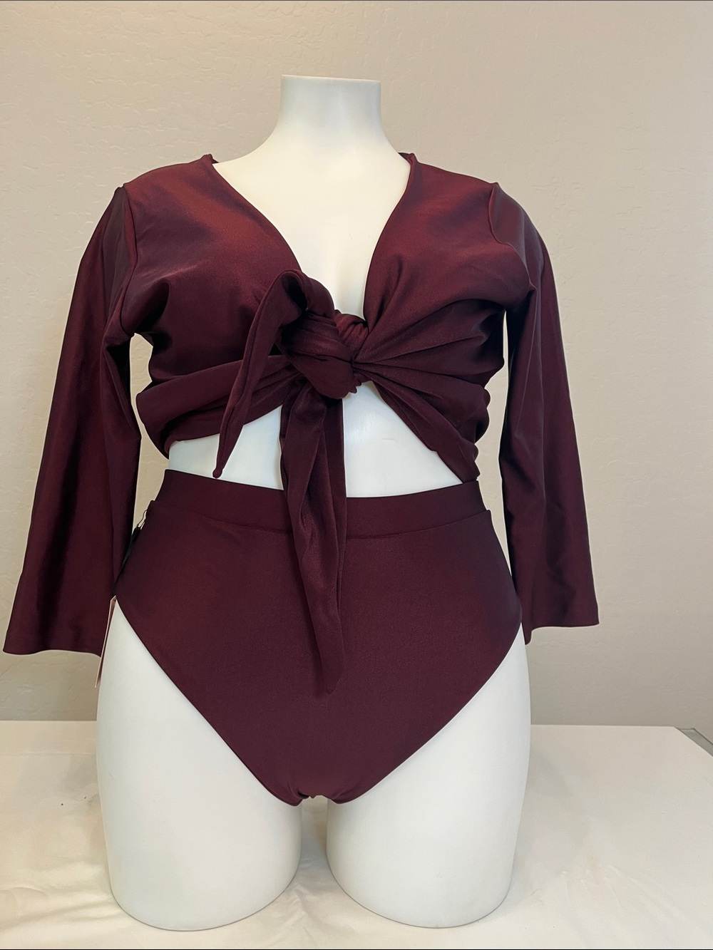 High-Waist Tie-Front Bikini Set in Burgundy